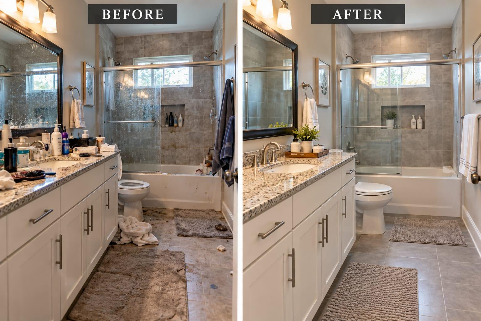 AI-generated before-and-after illustration: bathroom