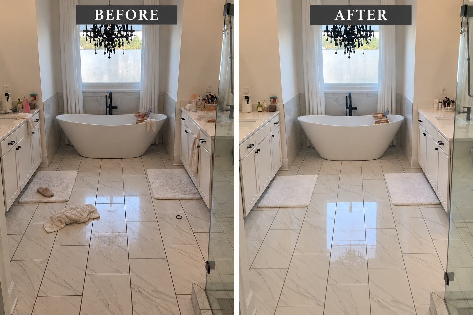 AI-generated before-and-after illustration: bathtub and bathroom