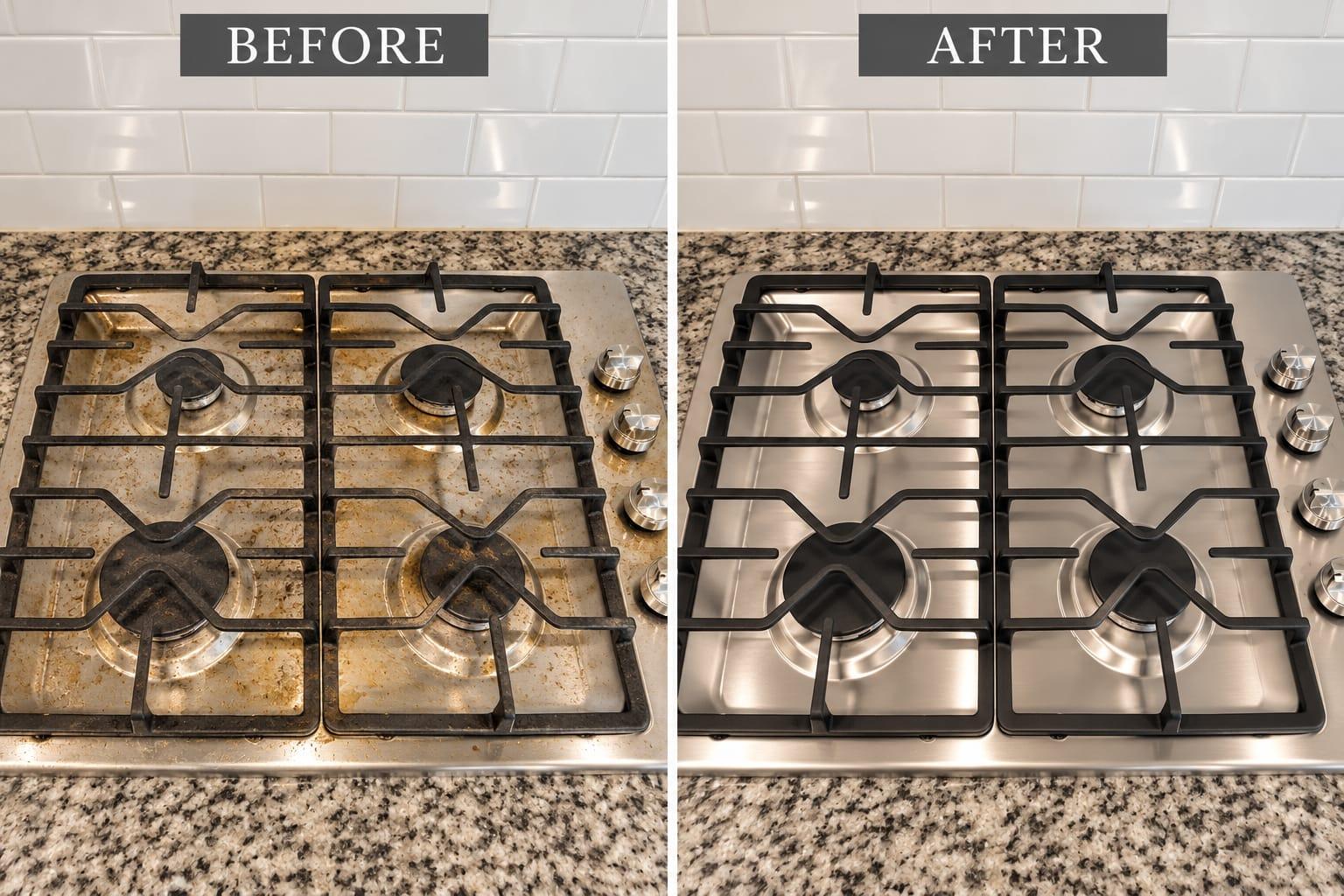 AI-generated before-and-after illustration: cooktop