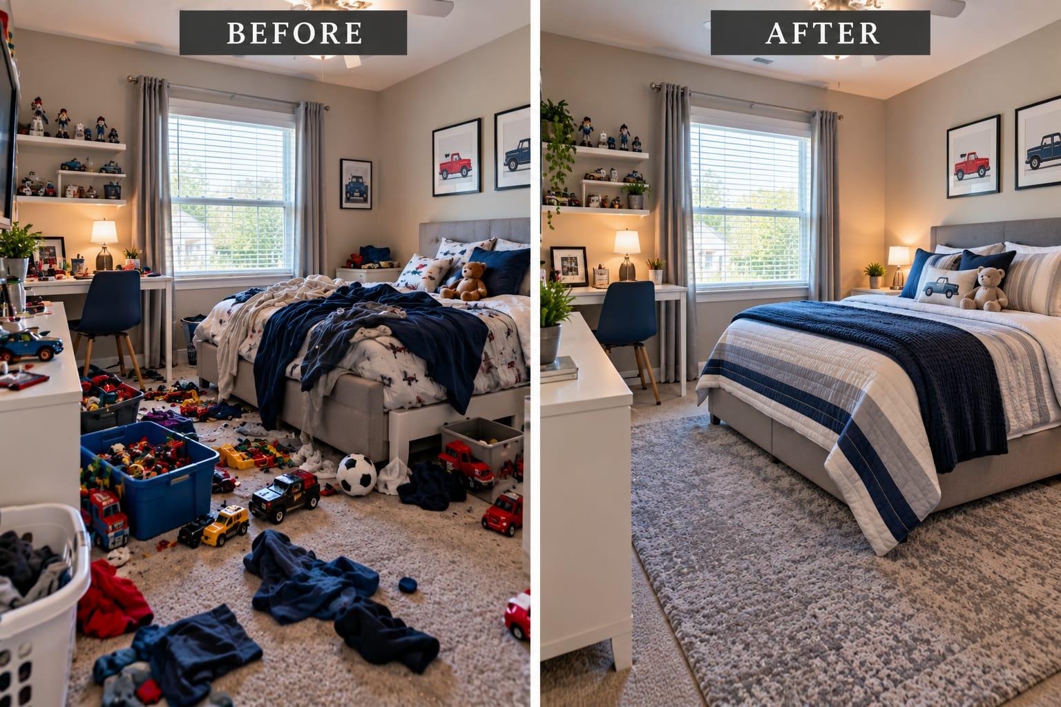 AI-generated before-and-after illustration: children’s bedroom