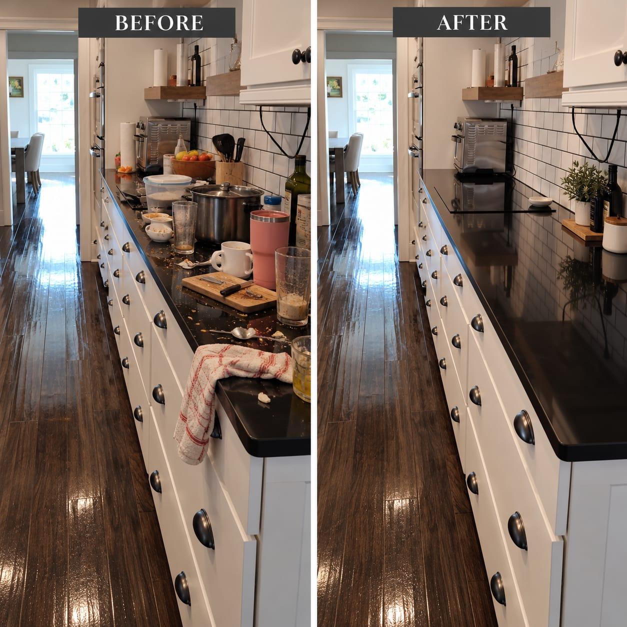 AI-generated before-and-after illustration: kitchen countertops