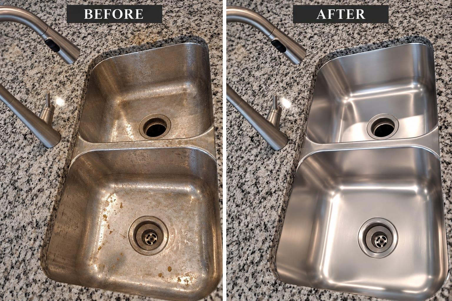 AI-generated before-and-after illustration: kitchen sink