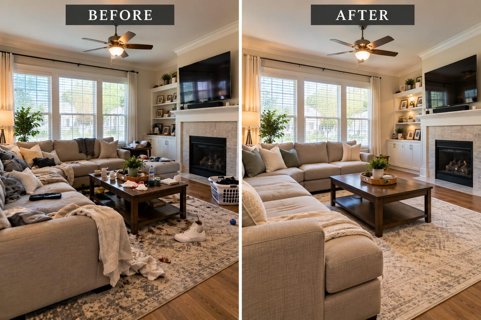 AI-generated before-and-after illustration: living room