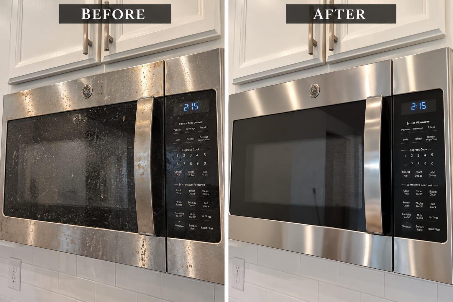 AI-generated before-and-after illustration: microwave exterior
