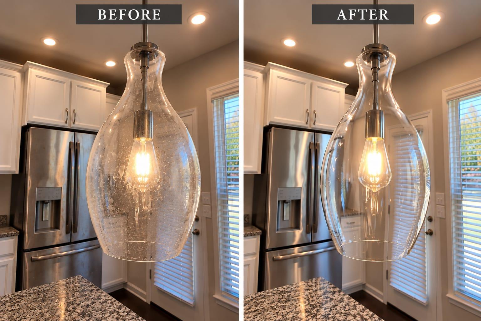 AI-generated before-and-after illustration: pendant lighting
