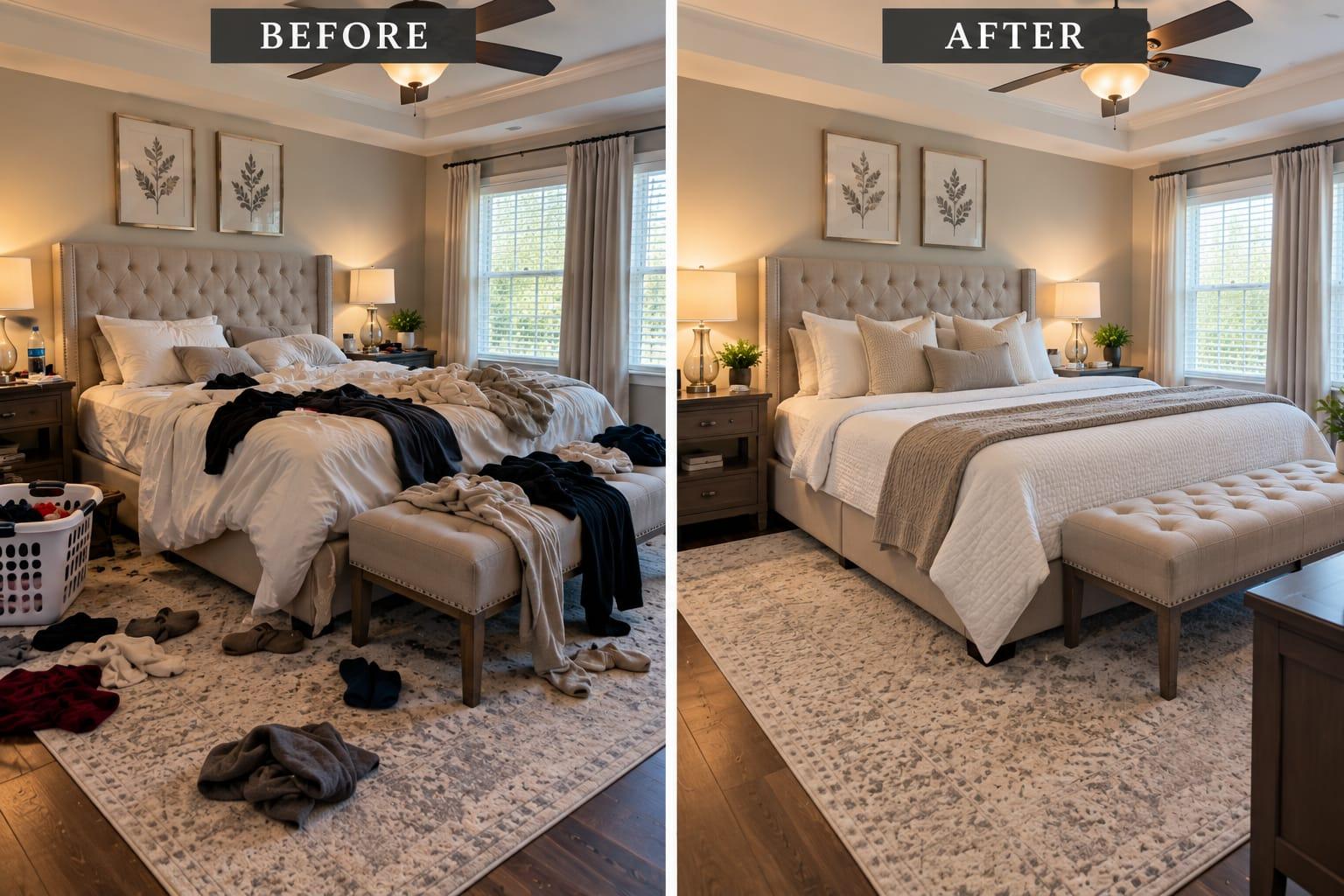 AI-generated before-and-after illustration: primary bedroom