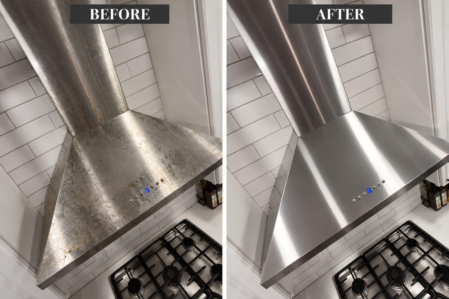 AI-generated before-and-after illustration: range hood