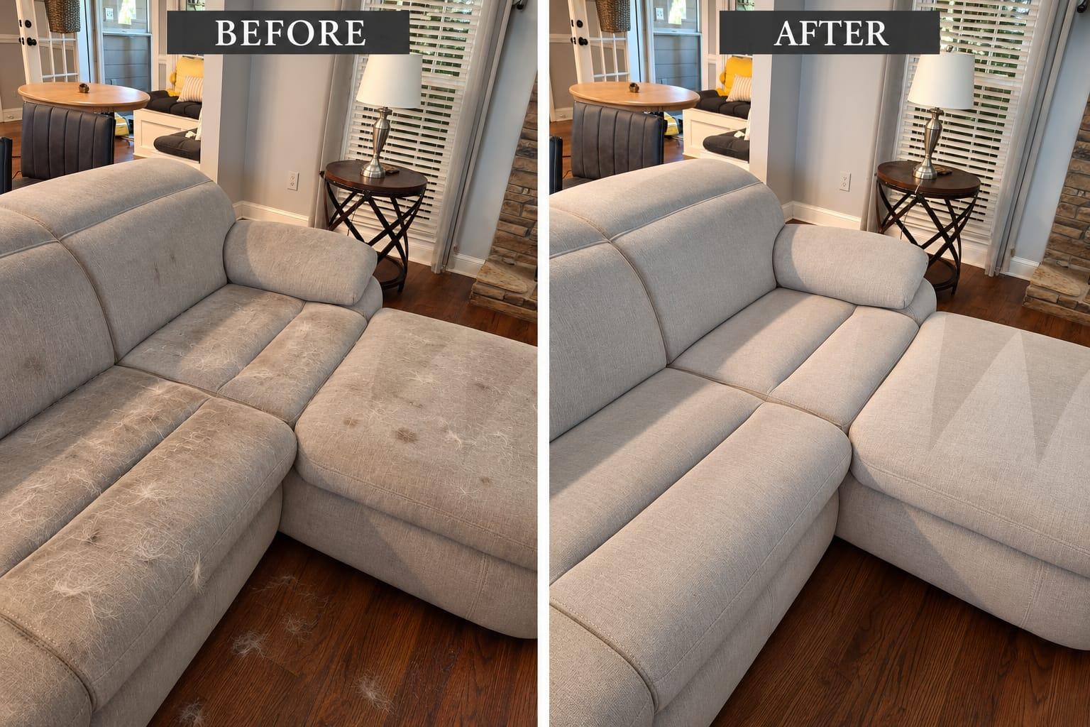 AI-generated before-and-after illustration: living room seating